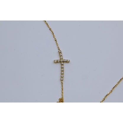 Thin 14K Yellow Gold Diamond Sideways Cross Pendant Resizable Chain Necklace