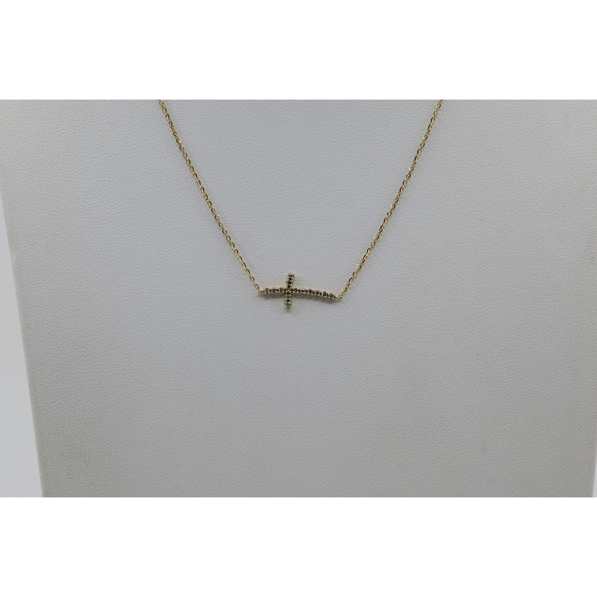 Thin 14K Yellow Gold Diamond Sideways Cross Pendant Resizable Chain Necklace