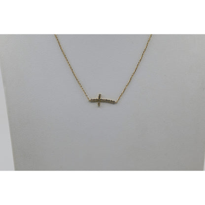 Thin 14K Yellow Gold Diamond Sideways Cross Pendant Resizable Chain Necklace