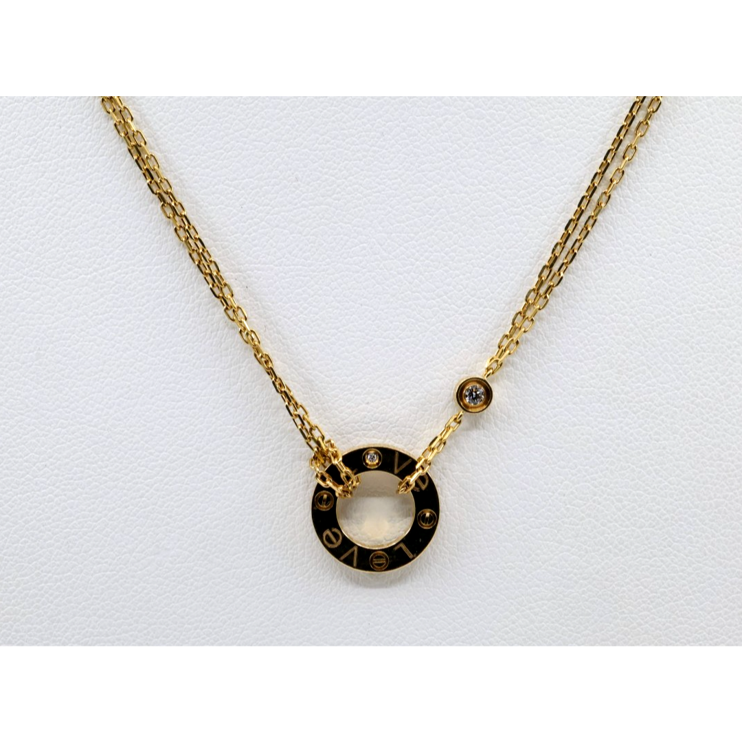 Cartier LOVE 2 Diamond Circle Pendant Necklace 18K Yellow Gold B7219500 w/ Pouch
