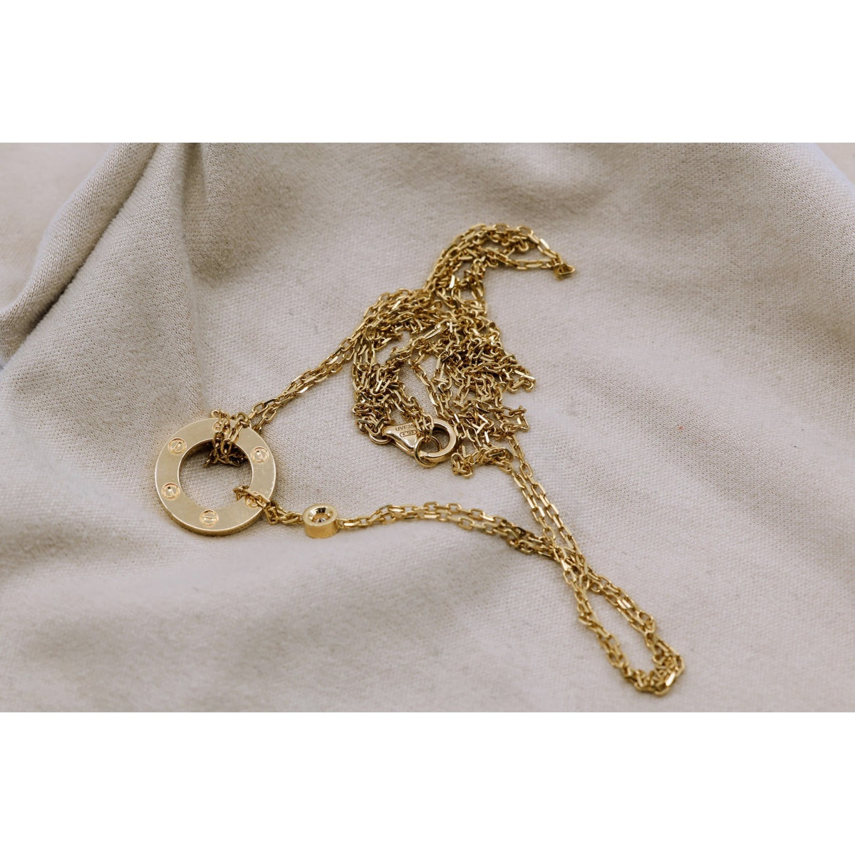 Cartier LOVE 2 Diamond Circle Pendant Necklace 18K Yellow Gold B7219500 w/ Pouch
