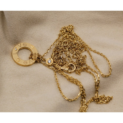 Cartier LOVE 2 Diamond Circle Pendant Necklace 18K Yellow Gold B7219500 w/ Pouch