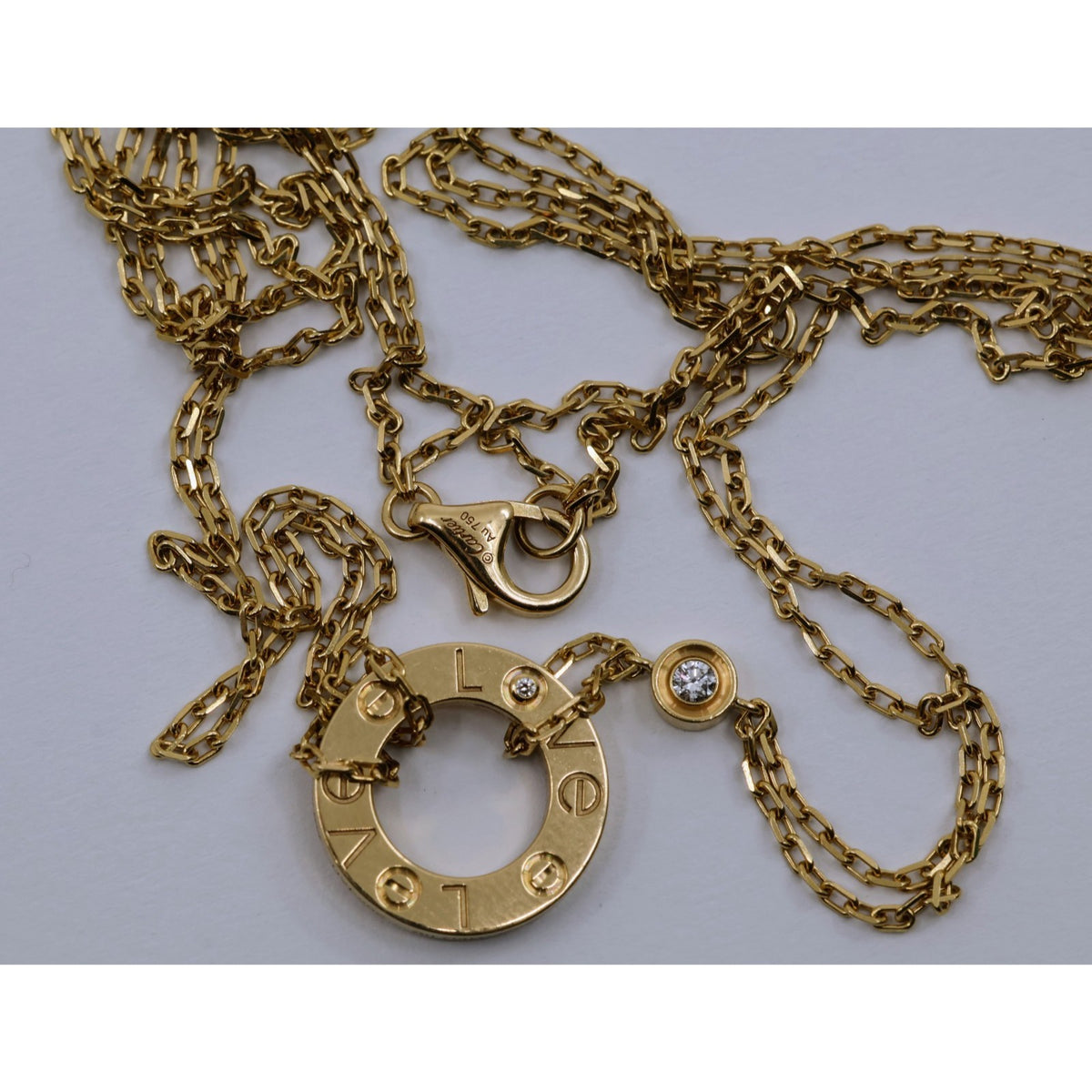 Cartier LOVE 2 Diamond Circle Pendant Necklace 18K Yellow Gold B7219500 w/ Pouch