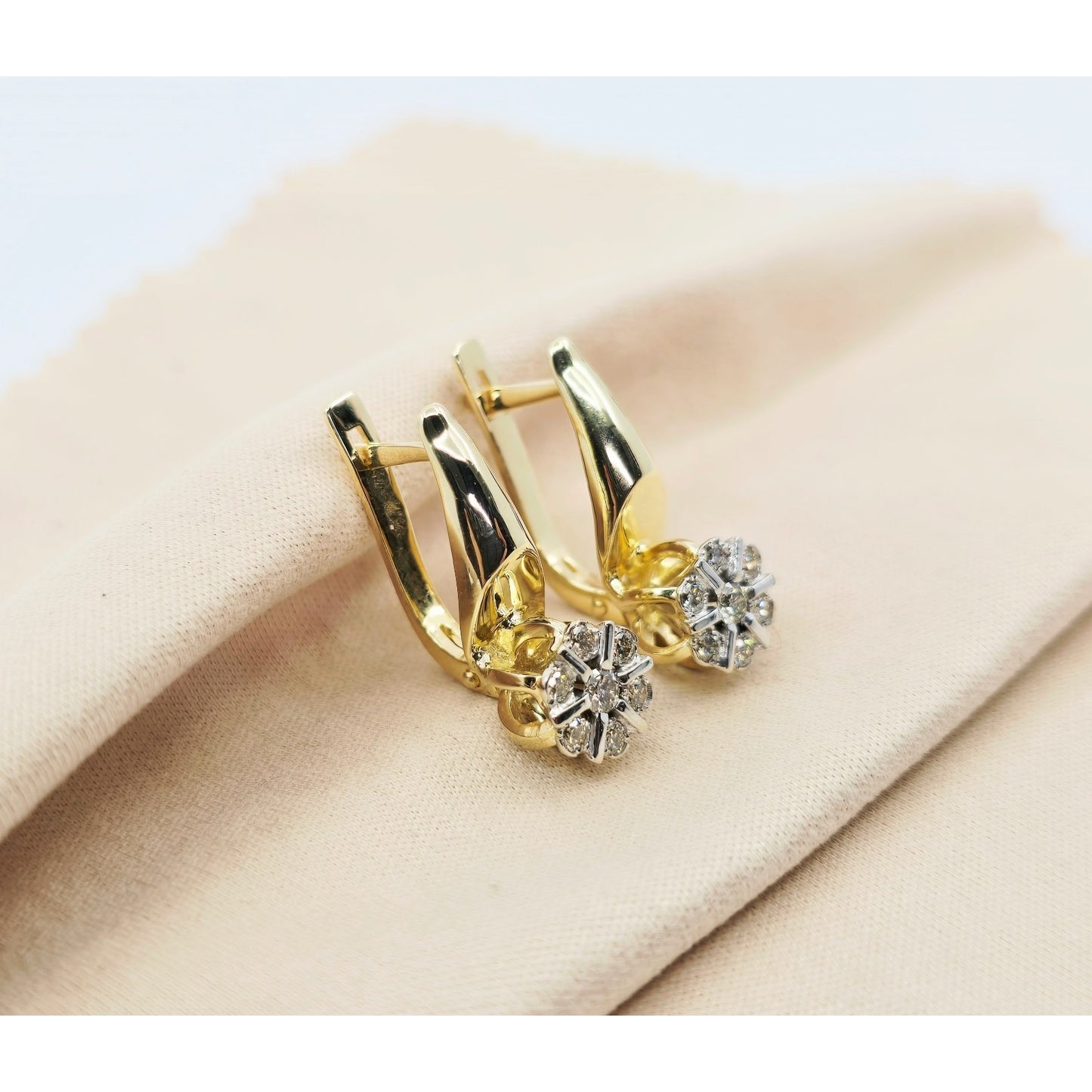 14K Two Tone Gold Diamond Latch Back Hinge Round Earrings