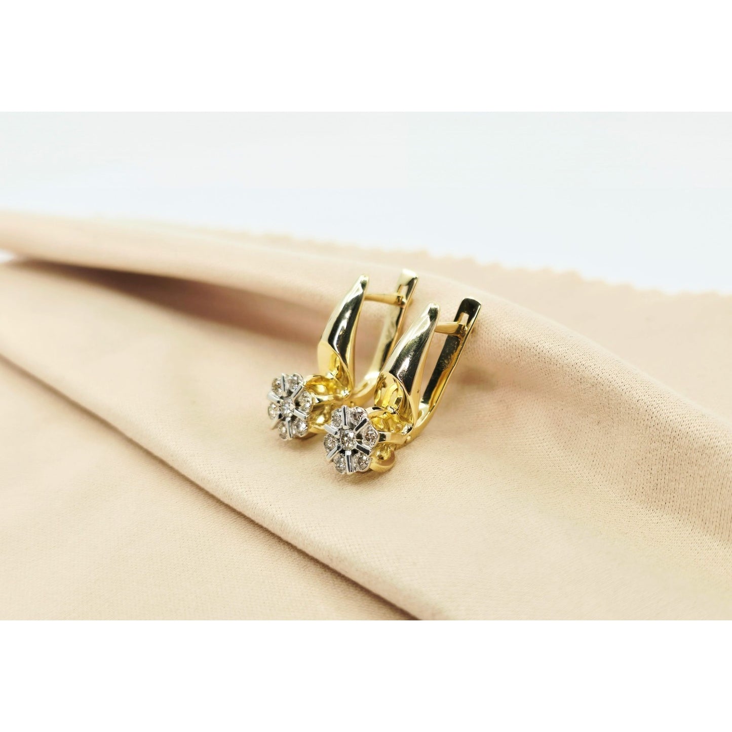 14K Two Tone Gold Diamond Latch Back Hinge Round Earrings