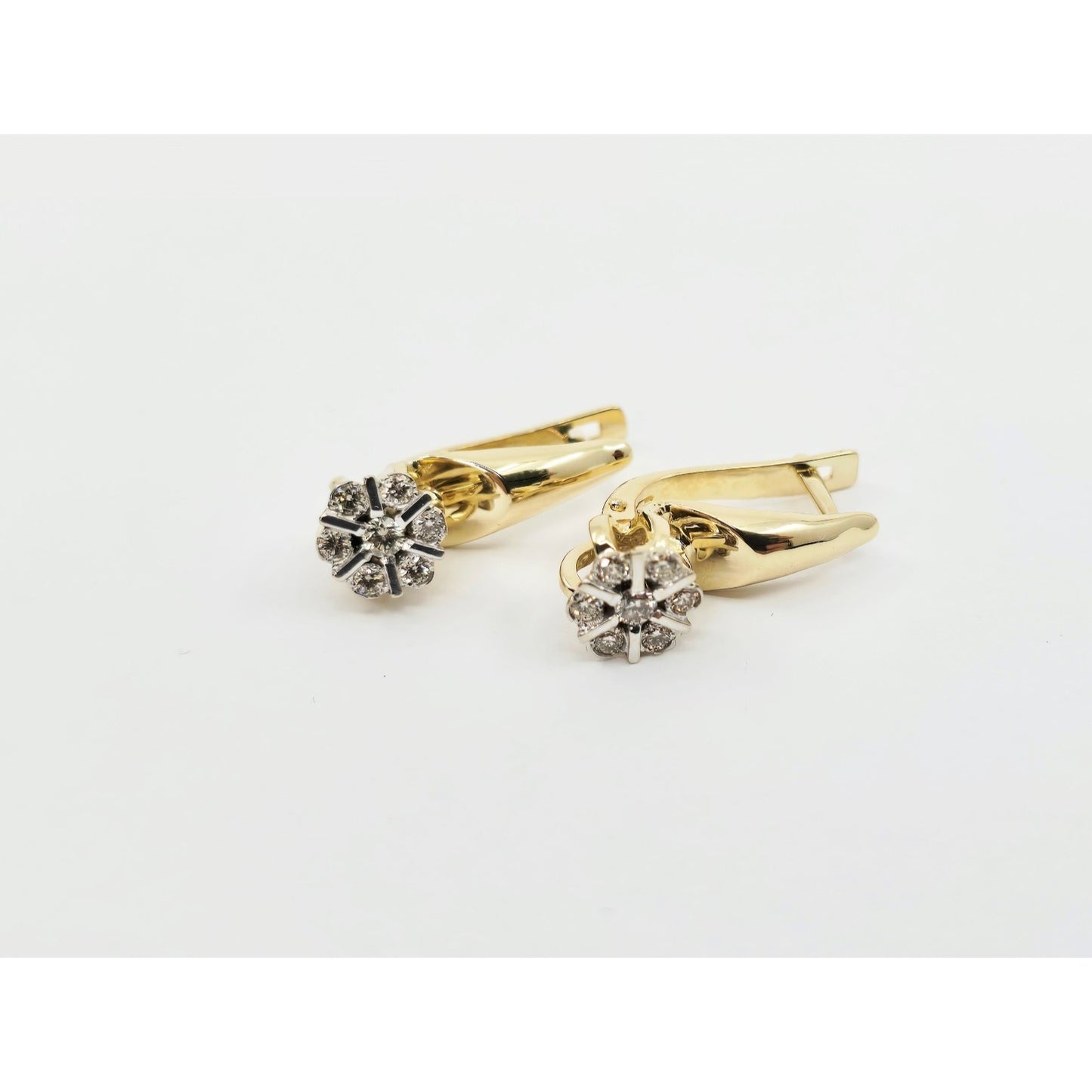 14K Two Tone Gold Diamond Latch Back Hinge Round Earrings