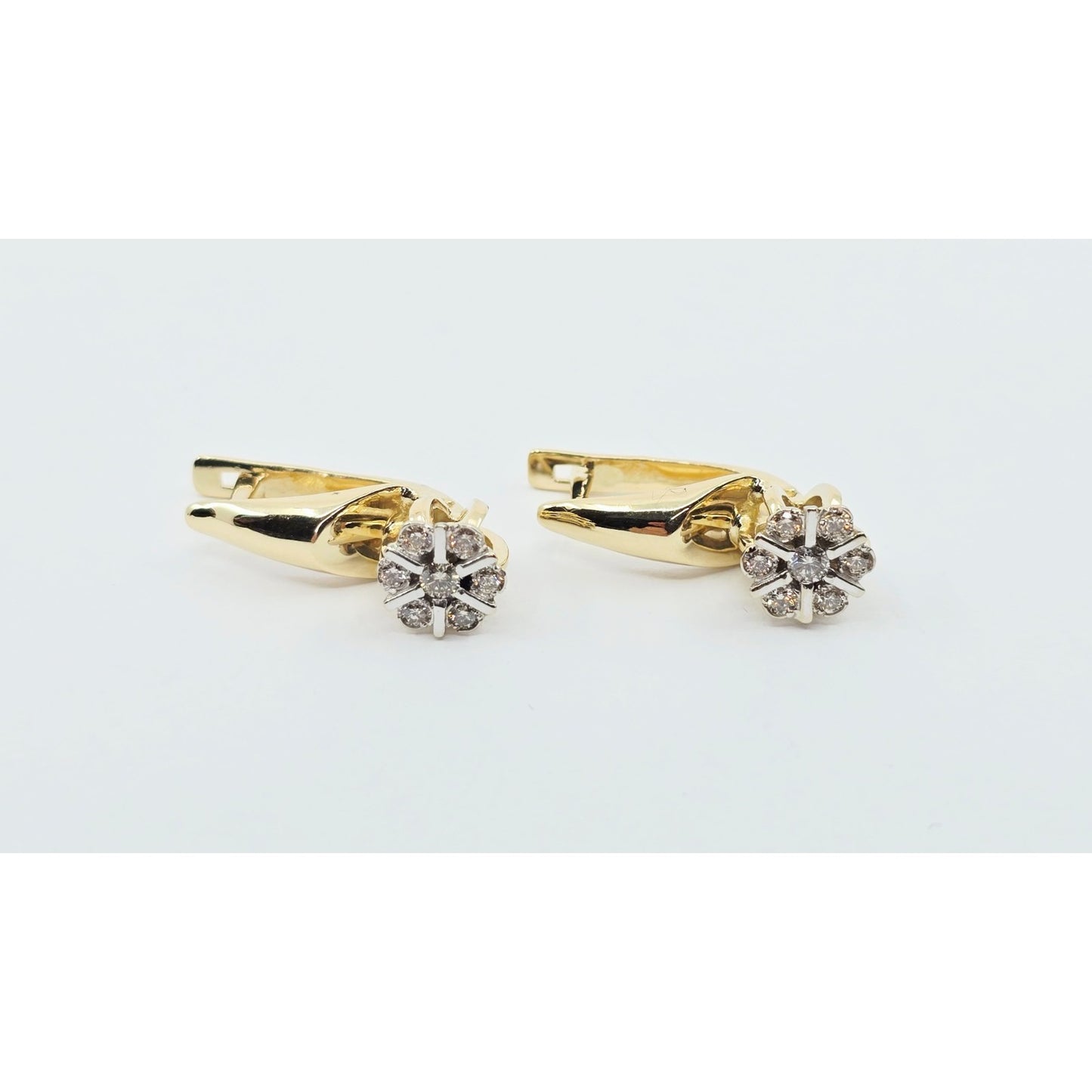14K Two Tone Gold Diamond Latch Back Hinge Round Earrings