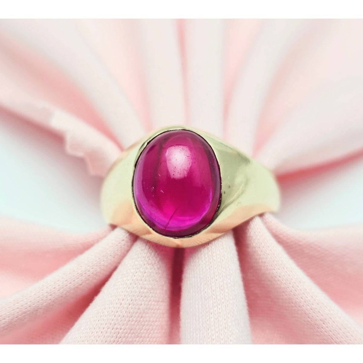 12K Yellow Gold Oval Cabochon Lab Grown Ruby Ring