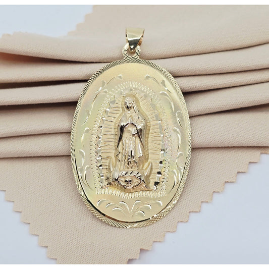14K Yellow Gold Oval Two Sided Saint Mary & Jesus Charm Pendant