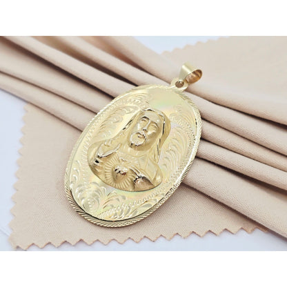 14K Yellow Gold Oval Two Sided Saint Mary & Jesus Charm Pendant