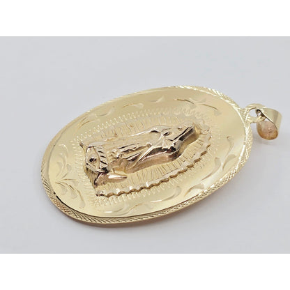 14K Yellow Gold Oval Two Sided Saint Mary & Jesus Charm Pendant