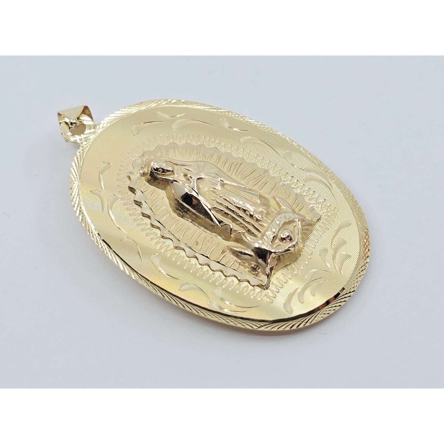 14K Yellow Gold Oval Two Sided Saint Mary & Jesus Charm Pendant