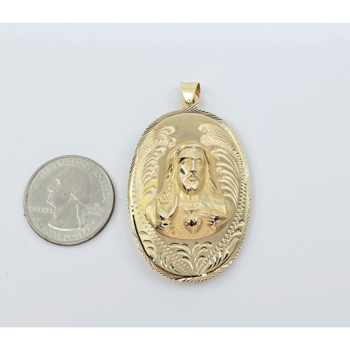 14K Yellow Gold Oval Two Sided Saint Mary & Jesus Charm Pendant