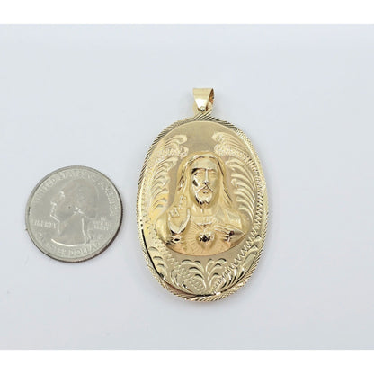 14K Yellow Gold Oval Two Sided Saint Mary & Jesus Charm Pendant