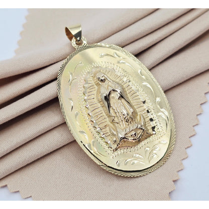 14K Yellow Gold Oval Two Sided Saint Mary & Jesus Charm Pendant