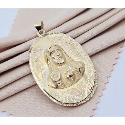 14K Yellow Gold Oval Two Sided Saint Mary & Jesus Charm Pendant