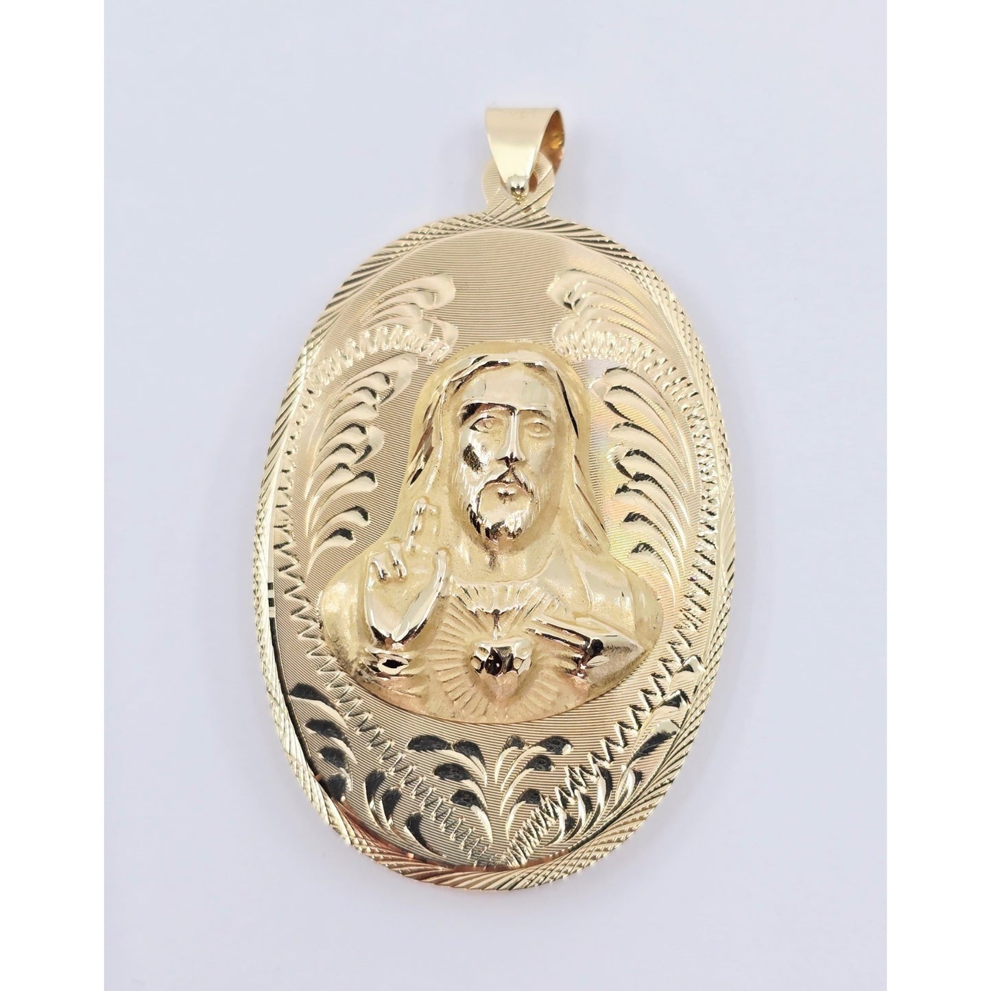 14K Yellow Gold Oval Two Sided Saint Mary & Jesus Charm Pendant