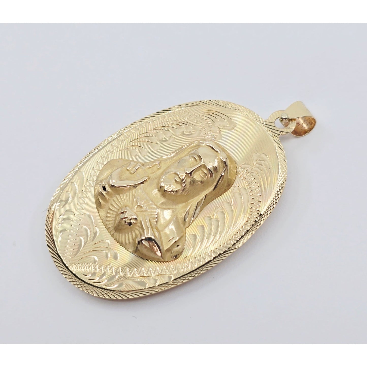 14K Yellow Gold Oval Two Sided Saint Mary & Jesus Charm Pendant