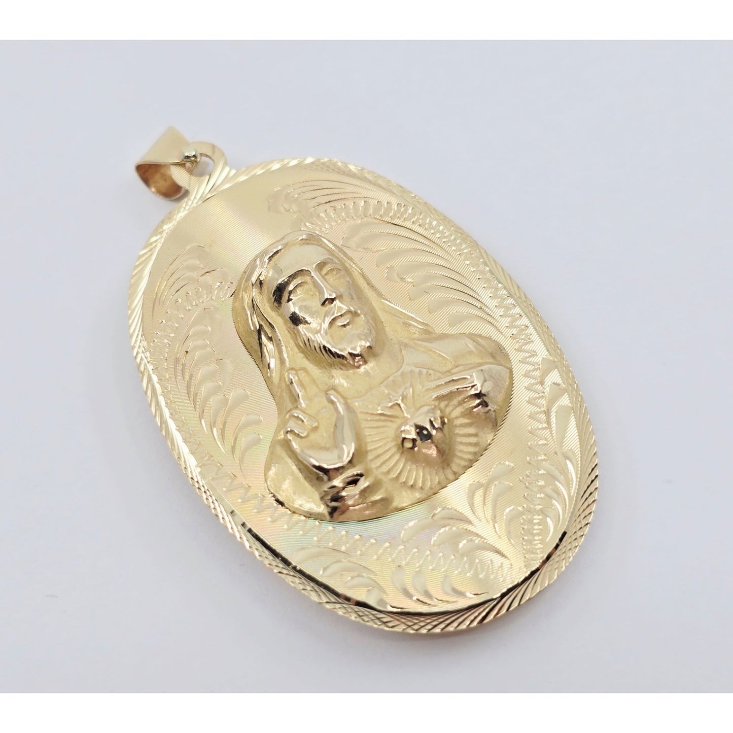14K Yellow Gold Oval Two Sided Saint Mary & Jesus Charm Pendant