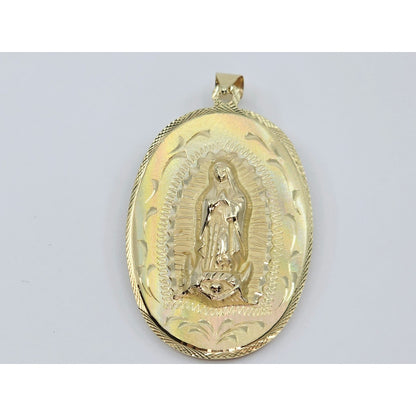 14K Yellow Gold Oval Two Sided Saint Mary & Jesus Charm Pendant