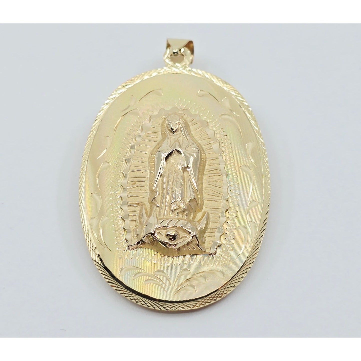 14K Yellow Gold Oval Two Sided Saint Mary & Jesus Charm Pendant