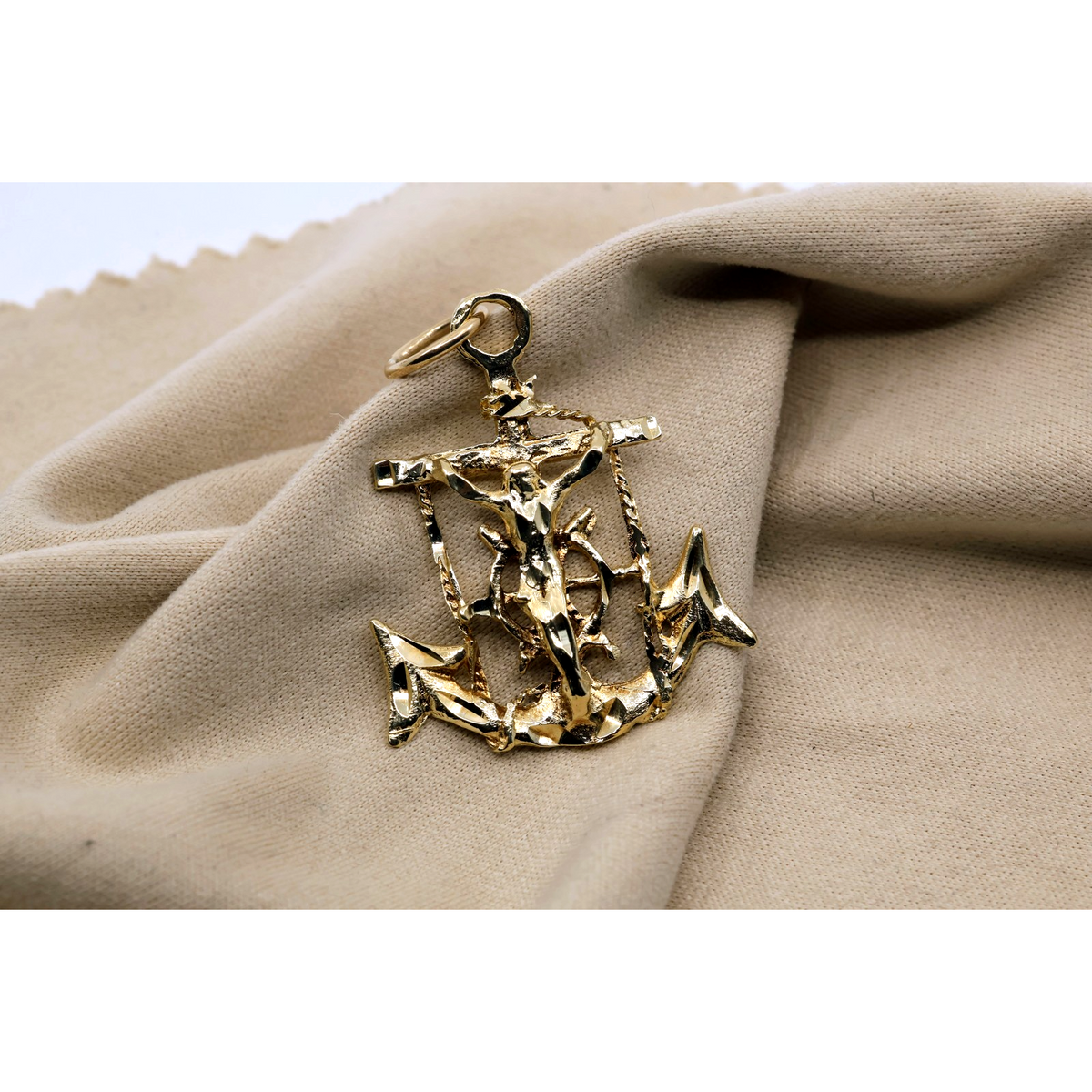 13K Yellow Gold Jesus on Cross Anchor Charm Pendant