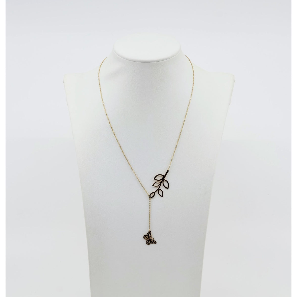 Thin 18K Yellow Gold Butterfly & Leaf Branch Y Lariat Drop Resizable Necklace