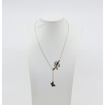 Thin 18K Yellow Gold Butterfly & Leaf Branch Y Lariat Drop Resizable Necklace