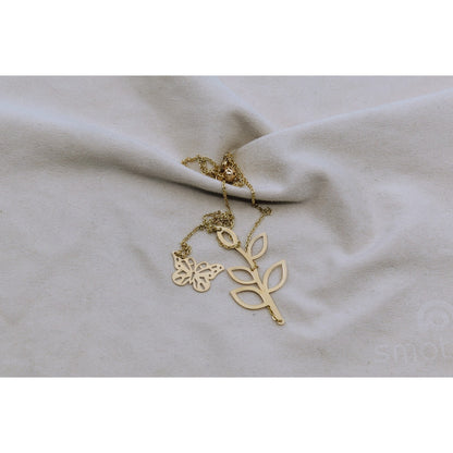 Thin 18K Yellow Gold Butterfly & Leaf Branch Y Lariat Drop Resizable Necklace