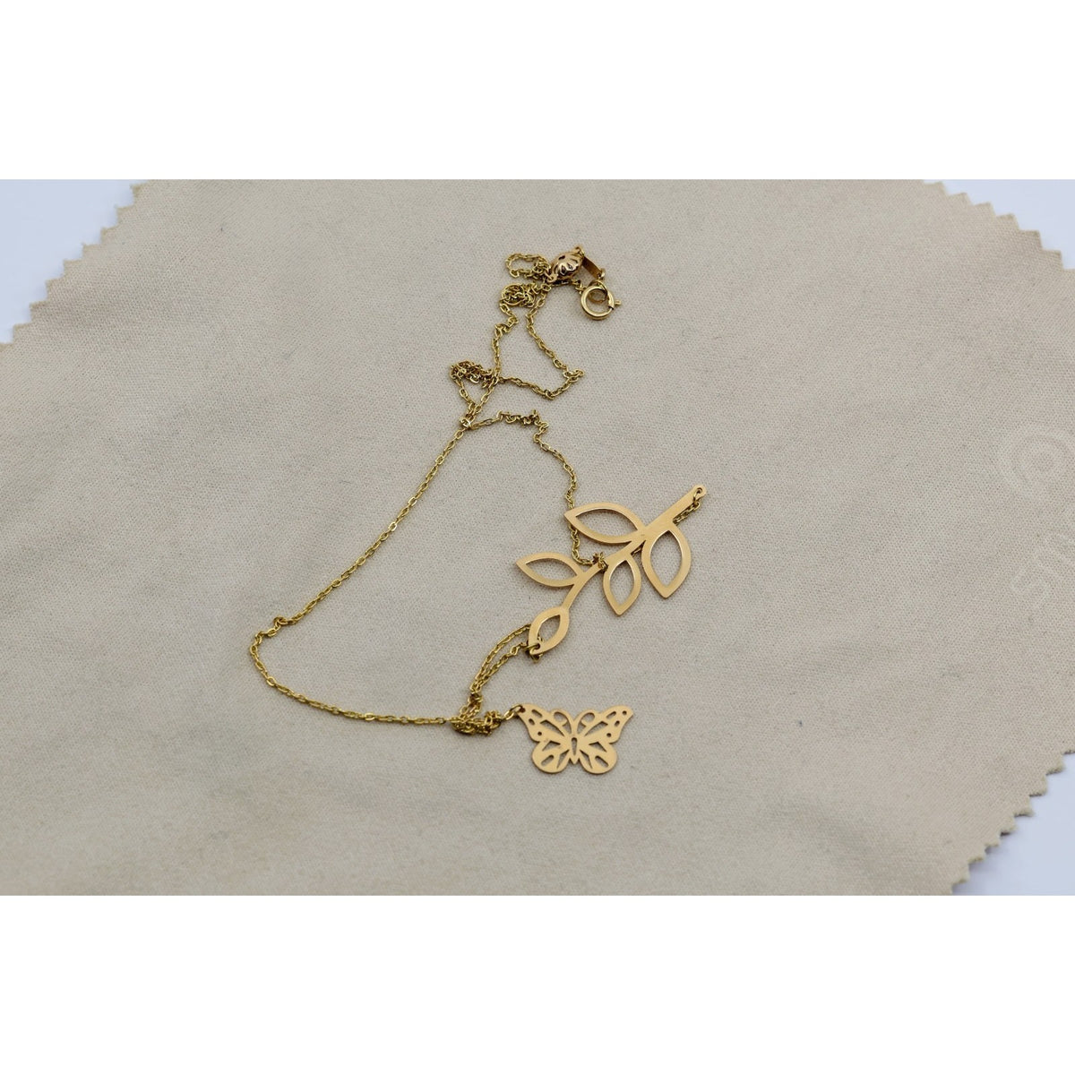 Thin 18K Yellow Gold Butterfly & Leaf Branch Y Lariat Drop Resizable Necklace