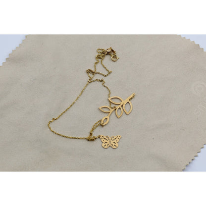 Thin 18K Yellow Gold Butterfly & Leaf Branch Y Lariat Drop Resizable Necklace