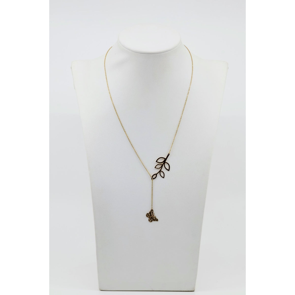 Thin 18K Yellow Gold Butterfly & Leaf Branch Y Lariat Drop Resizable Necklace