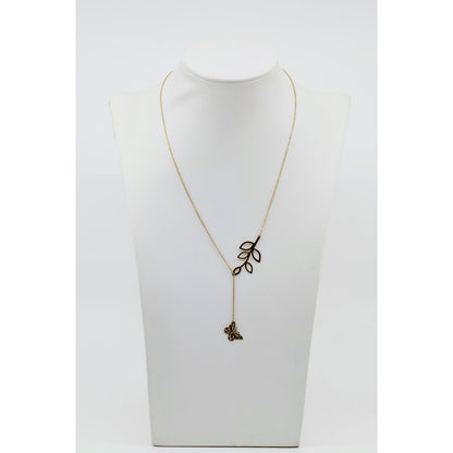 Thin 18K Yellow Gold Butterfly & Leaf Branch Y Lariat Drop Resizable Necklace