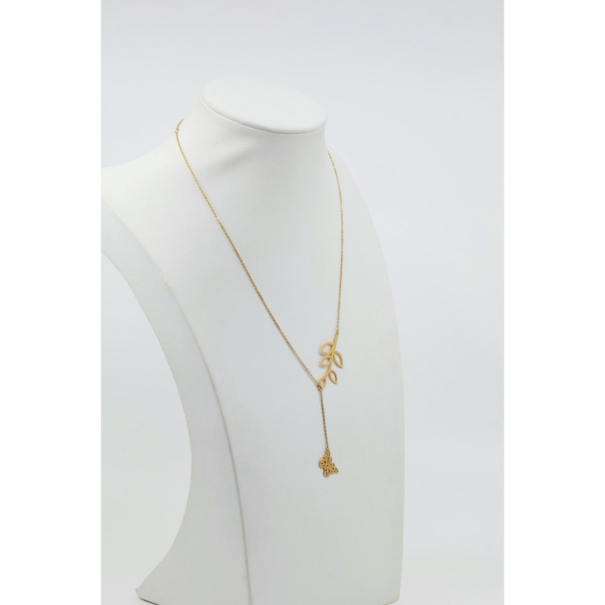 Thin 18K Yellow Gold Butterfly & Leaf Branch Y Lariat Drop Resizable Necklace