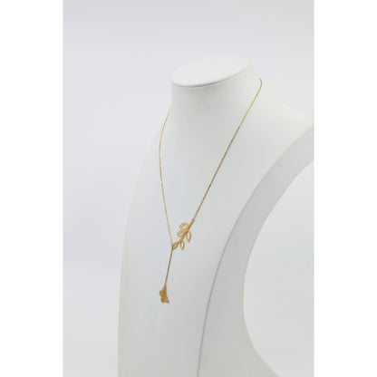Thin 18K Yellow Gold Butterfly & Leaf Branch Y Lariat Drop Resizable Necklace