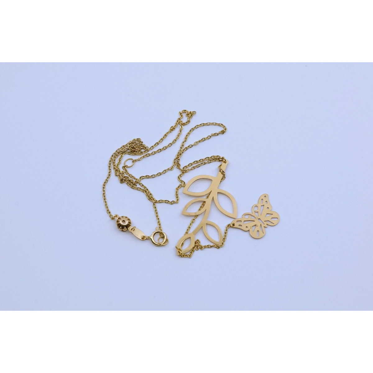 Thin 18K Yellow Gold Butterfly & Leaf Branch Y Lariat Drop Resizable Necklace