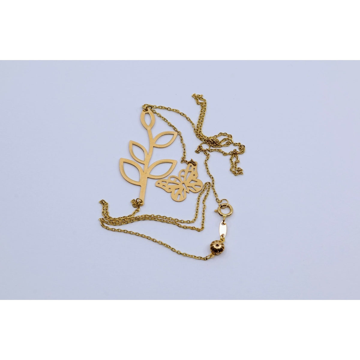 Thin 18K Yellow Gold Butterfly & Leaf Branch Y Lariat Drop Resizable Necklace