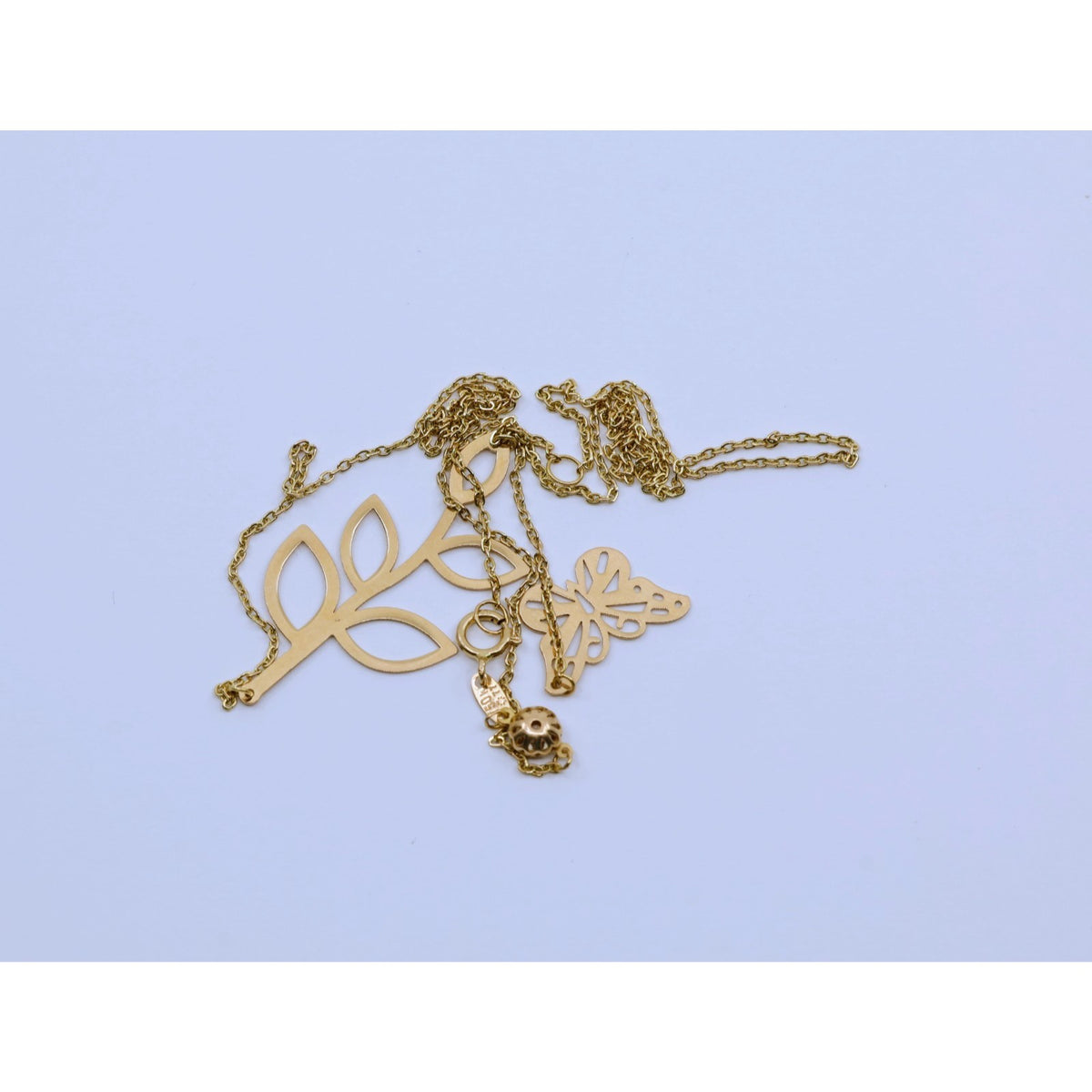 Thin 18K Yellow Gold Butterfly & Leaf Branch Y Lariat Drop Resizable Necklace