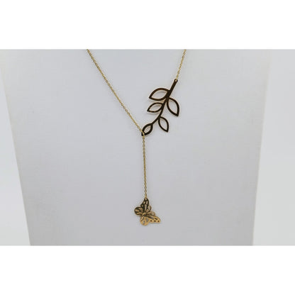 Thin 18K Yellow Gold Butterfly & Leaf Branch Y Lariat Drop Resizable Necklace