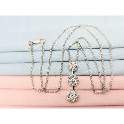 14K White Gold Mesh Link Chain Necklace & Triple Diamond Round Charm Pendant