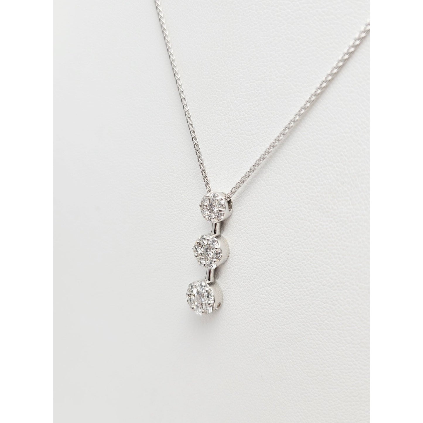 14K White Gold Mesh Link Chain Necklace & Triple Diamond Round Charm Pendant