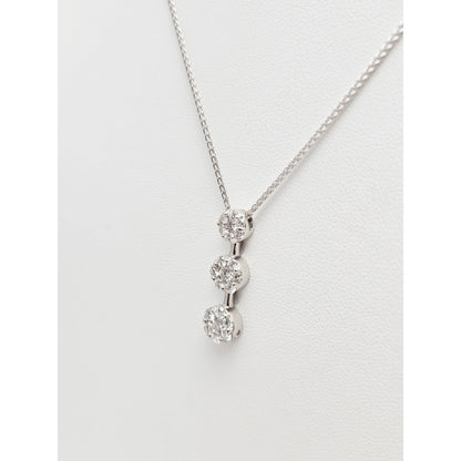 14K White Gold Mesh Link Chain Necklace & Triple Diamond Round Charm Pendant
