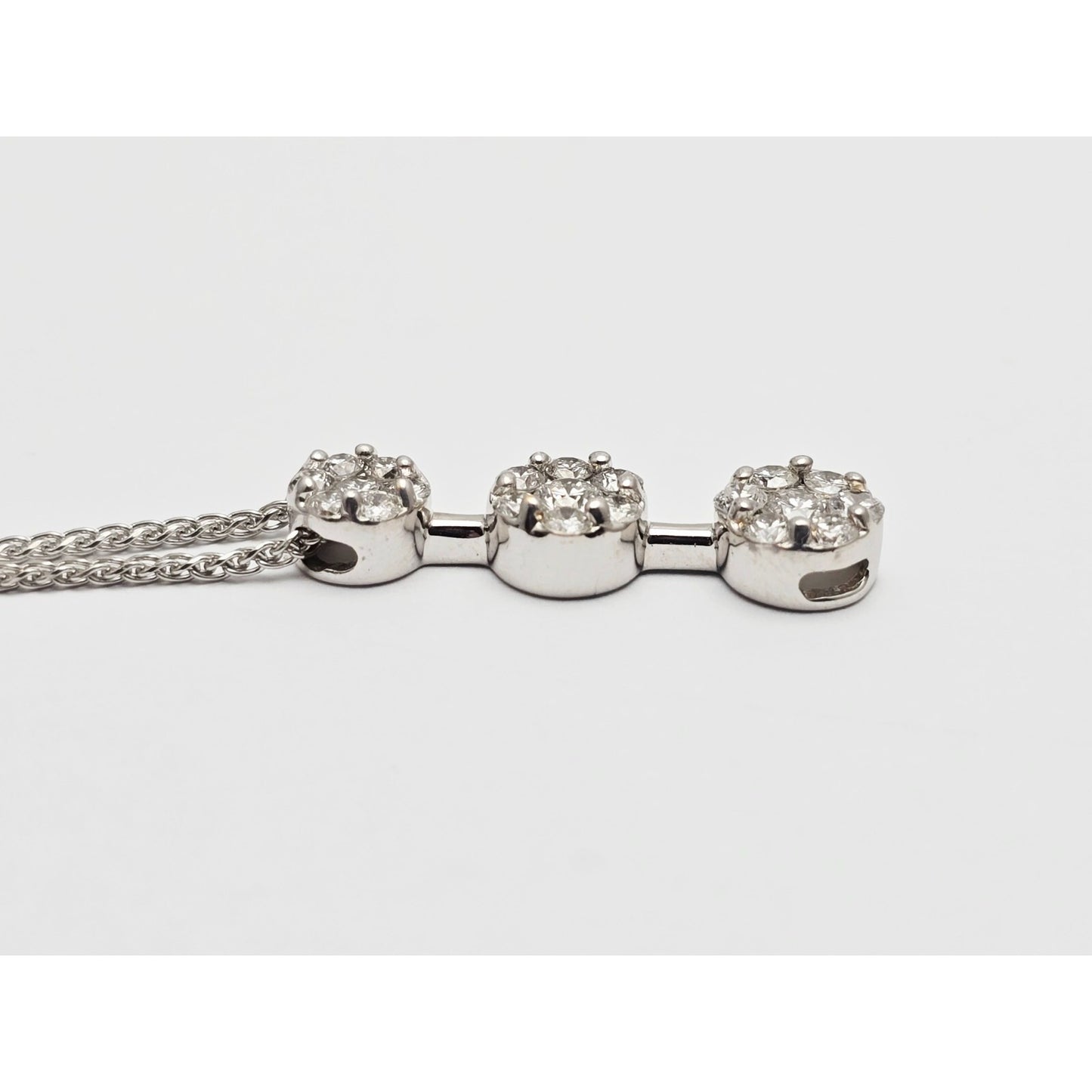 14K White Gold Mesh Link Chain Necklace & Triple Diamond Round Charm Pendant