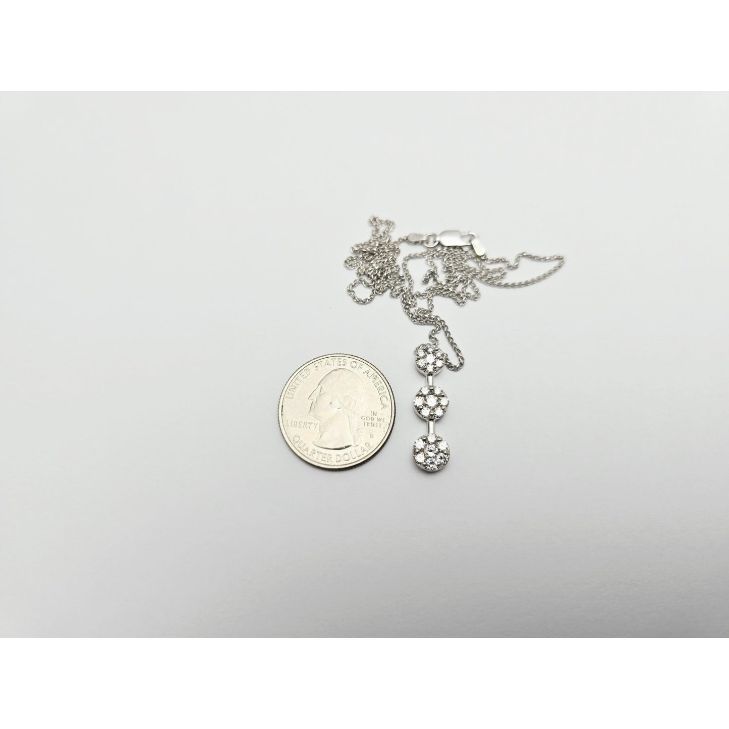 14K White Gold Mesh Link Chain Necklace & Triple Diamond Round Charm Pendant