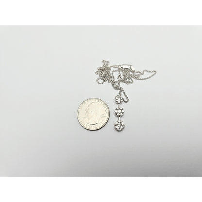 14K White Gold Mesh Link Chain Necklace & Triple Diamond Round Charm Pendant