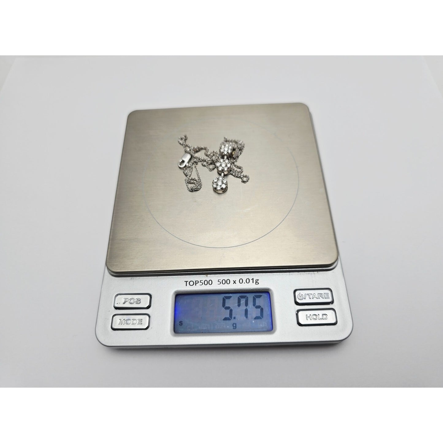 14K White Gold Mesh Link Chain Necklace & Triple Diamond Round Charm Pendant