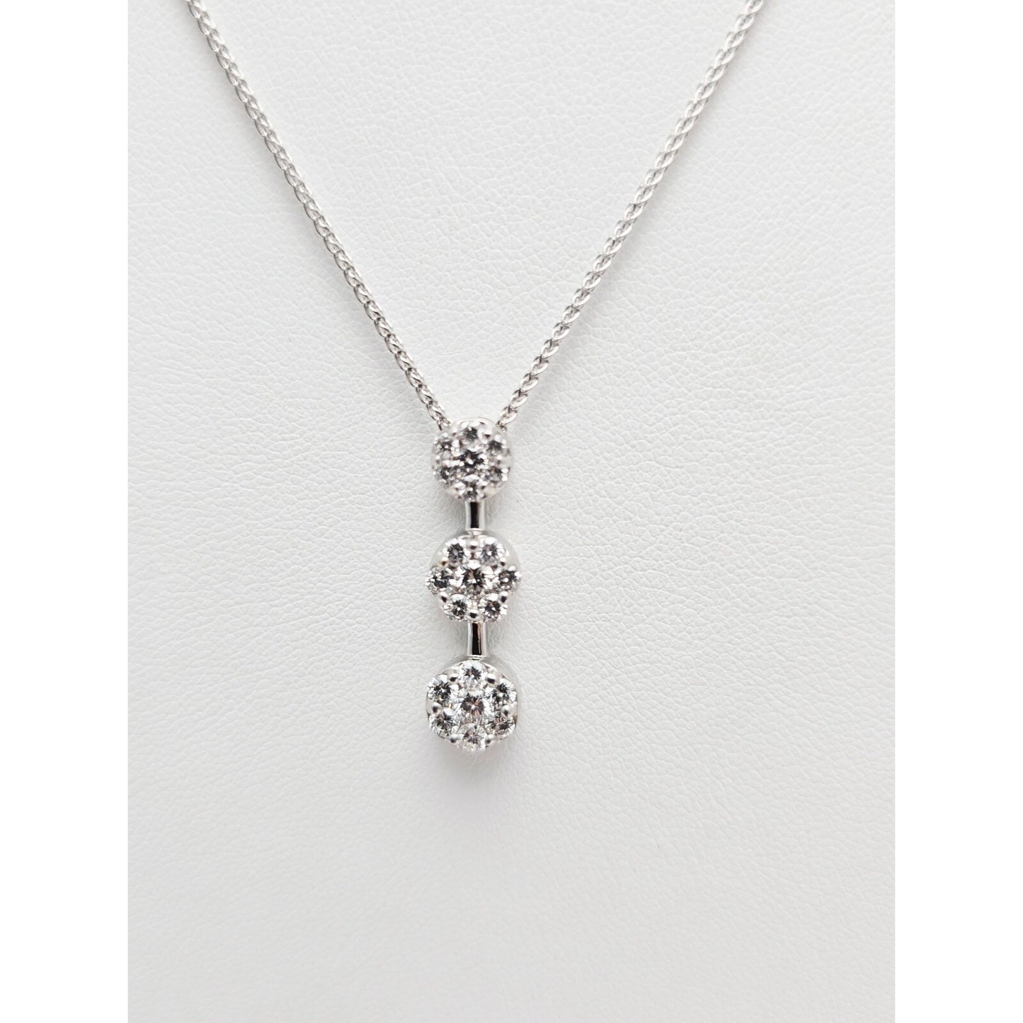 14K White Gold Mesh Link Chain Necklace & Triple Diamond Round Charm Pendant