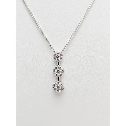 14K White Gold Mesh Link Chain Necklace & Triple Diamond Round Charm Pendant