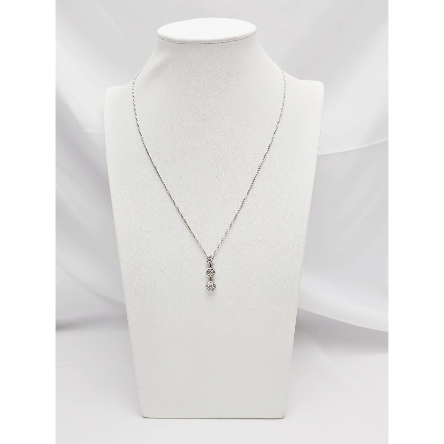 14K White Gold Mesh Link Chain Necklace & Triple Diamond Round Charm Pendant