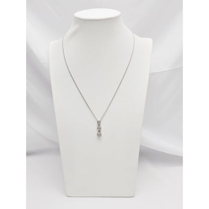 14K White Gold Mesh Link Chain Necklace & Triple Diamond Round Charm Pendant